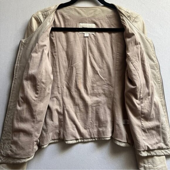 Hinge beige scoop neck zipper leather jacket Sz M - Picture 4 of 15